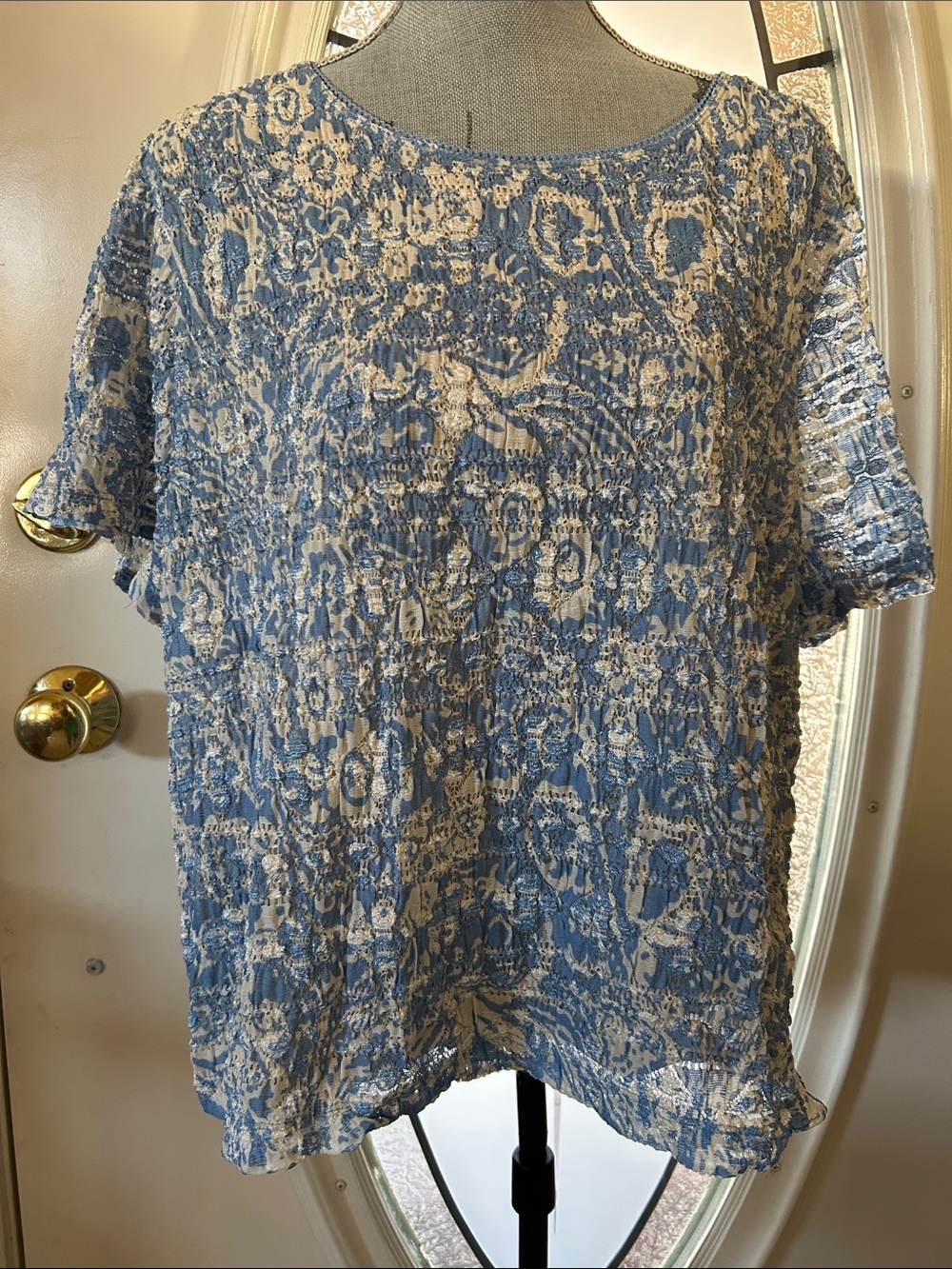 East 5th Blue and Cream Textured Short-Sleeve Blouse